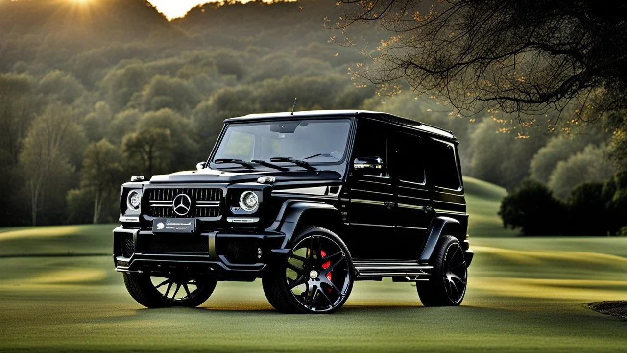 A sleek (((g wagon))) Fully slammed tuned luxurious, matte color blackest black hole, cutting through a (sunny, open countryside) backdrop