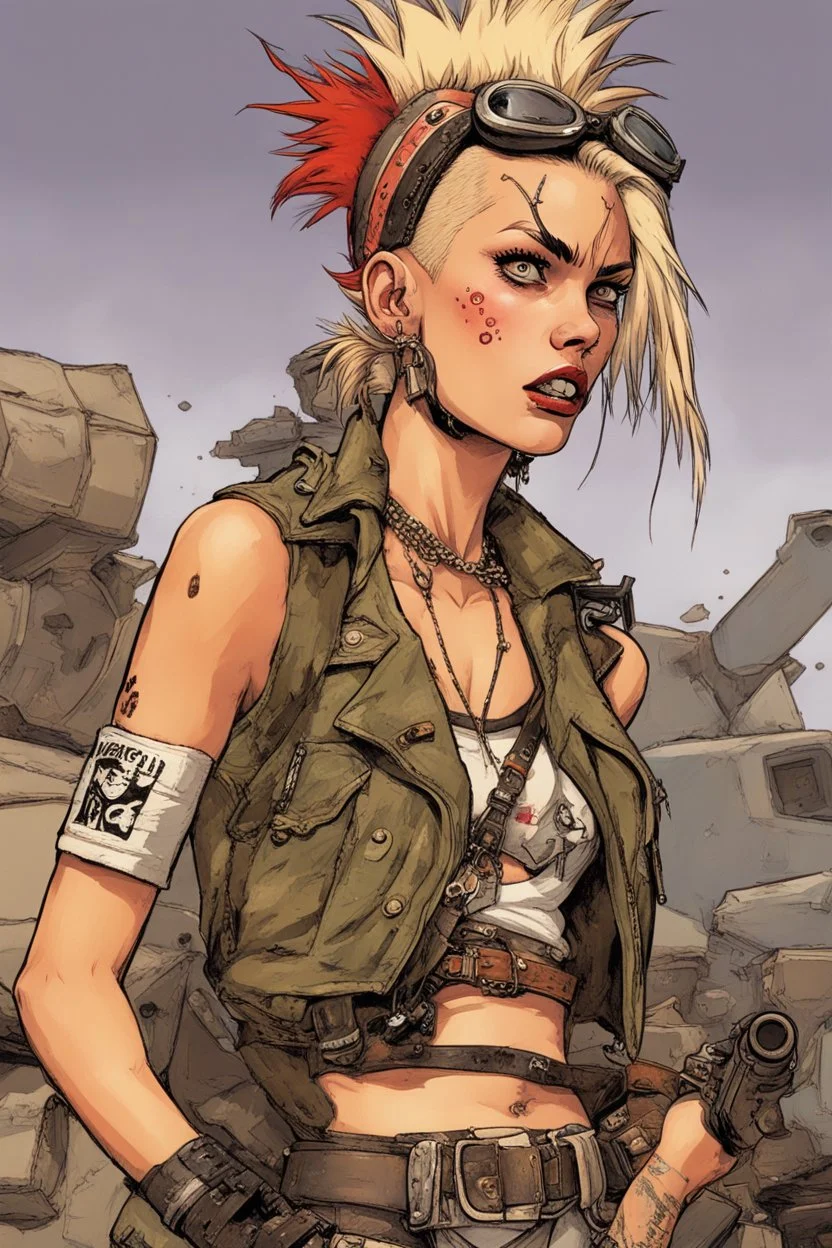 Tank Girl, never one to shy away from pushing boundaries, continued her audacious display of defiance. She holstered her modified firearm briefly on her hip, then, with a sly grin, brought it up to her lips, sensuously licking the barrel in a provocative manner. Her actions were both a testament to her irreverent spirit and a calculated challenge to anyone who might underestimate her. As the camera captured the daring act, the metal of the gun glistened under the unforgiving desert sun, making