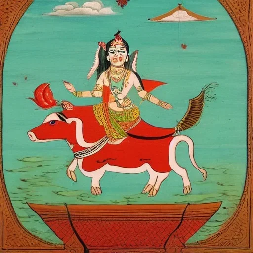 cow with wings holding a lotus riding a ship in Indian painting style