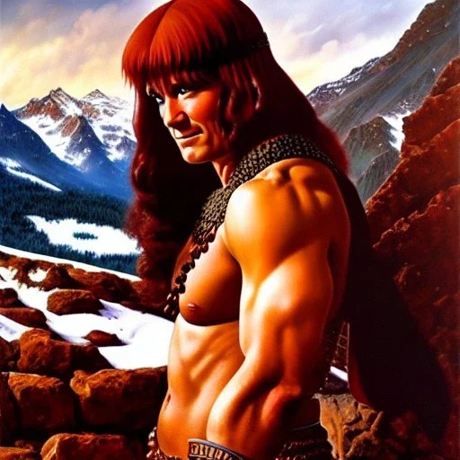 portrait of 'Conan and Red sonja',snow,mountains,horned helmet,ancient armor,painting by Earl Norem, simon Bisley,frazetta evan lee, Vallejo,kelly oil on canvas, cinematic composition, extreme detail,fit full head inside picture,8k