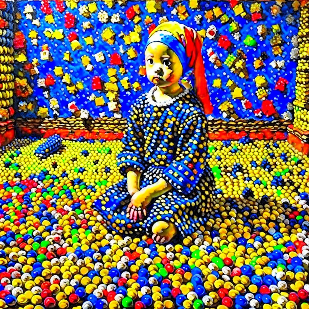 "Girl with a Pearl Earring" famous painting with scattered LEGO toys on the floor.