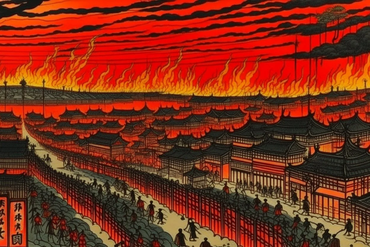 A dark red town with a fiery arena painted by Utagawa Hiroshige