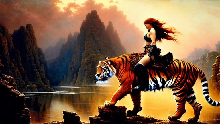 Drawing of beautiful face,'Red Sonja riding a Tiger',intense stare, ancient metal armor, balanciaga fashion clothe painting by gaston bussiere, greg rutkowski, yoji shinkawa, yoshitaka amano, tsutomu nihei, donato giancola, tim hildebrandt Oil on canvas, cinematic composition, extreme detail,fit full head inside picture,16k