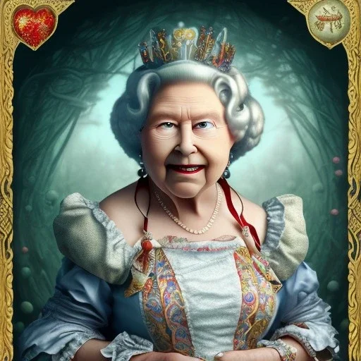 "Queen of Hearts"fat old woman book character of "Alice in the wonderland"Lewis Carroll.Detailed face,detailed Queen of Hearts, detailed eyes, Realistic lighting,elegant dress disney style,sarcastic smile. baroque, intricate patterns, fractalism.style by Disney,Chie Yoshii,earnst haeckel,james jean,tim burton