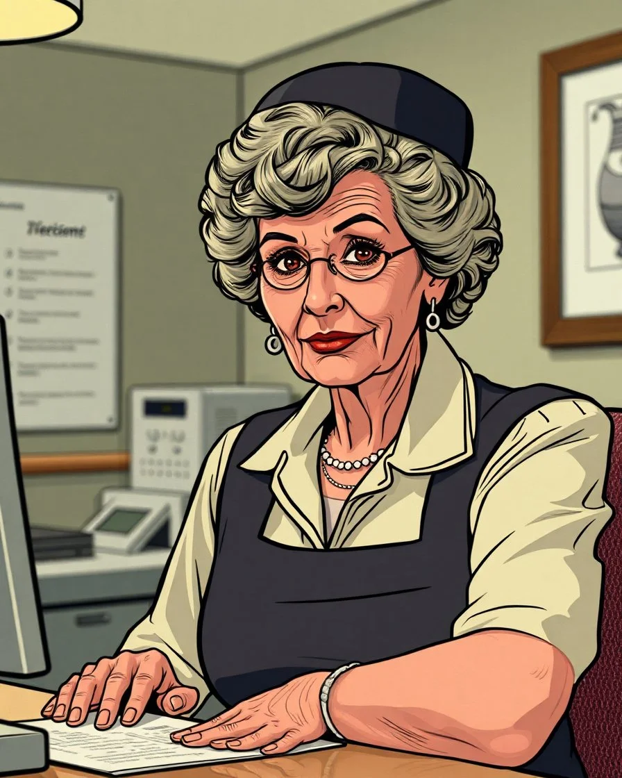 older woman hotel desk clerk from an american comic