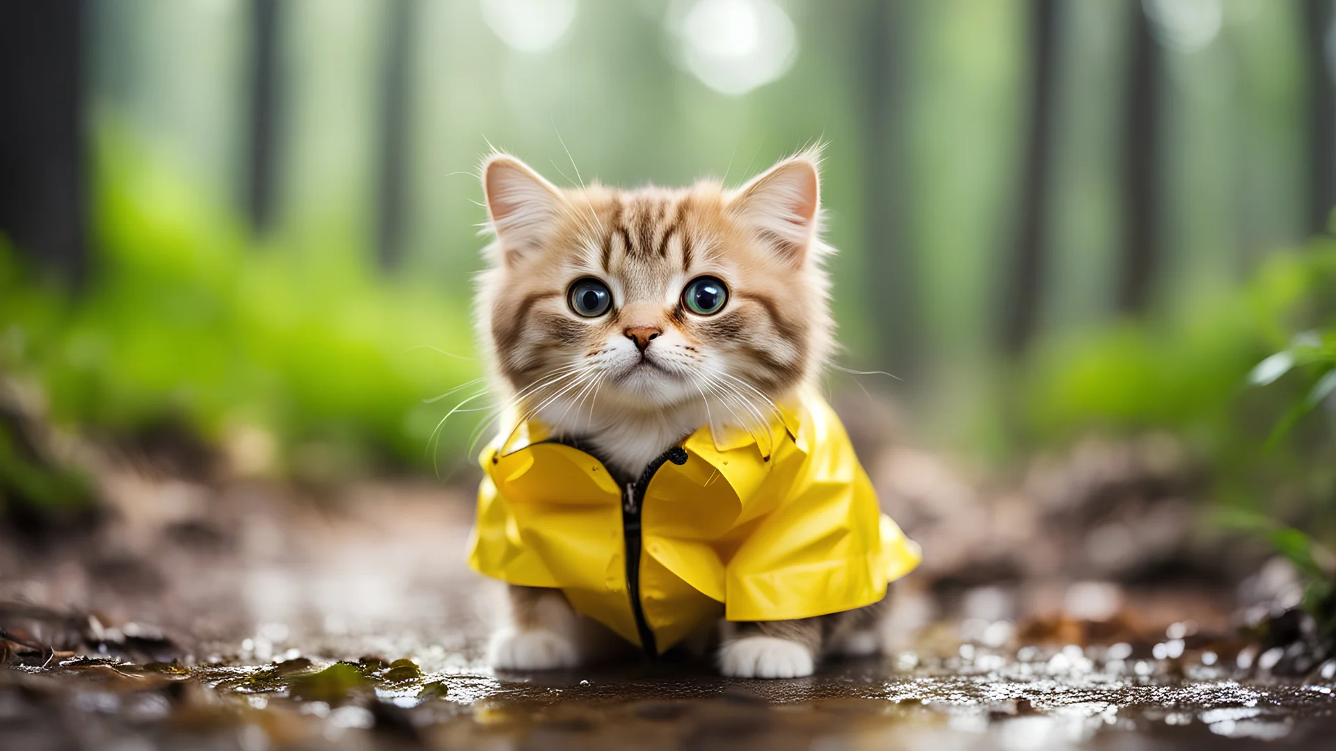 tiny cute (happy1.4) cat in a (yellow raincoat1.3) in the woods, rain, a character portrait, Tilt-shift, bokeh