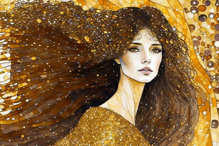 Dynamically dancing long haired brunette woman, in Klimt style, in ochre, watercolor and ink, golden glitters