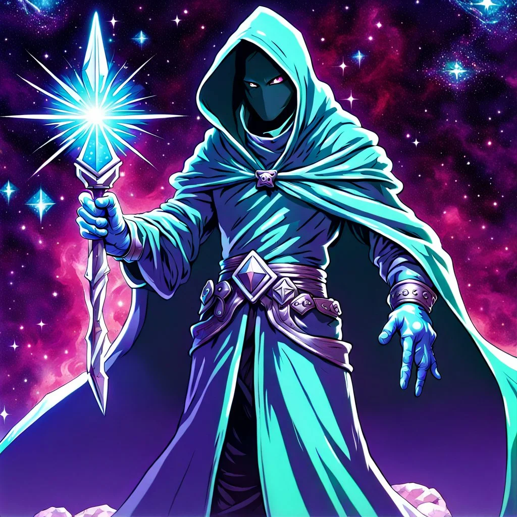 hooded sage with galaxy stars instead of face holding metal sceptre in crystal castle 90's tcg art