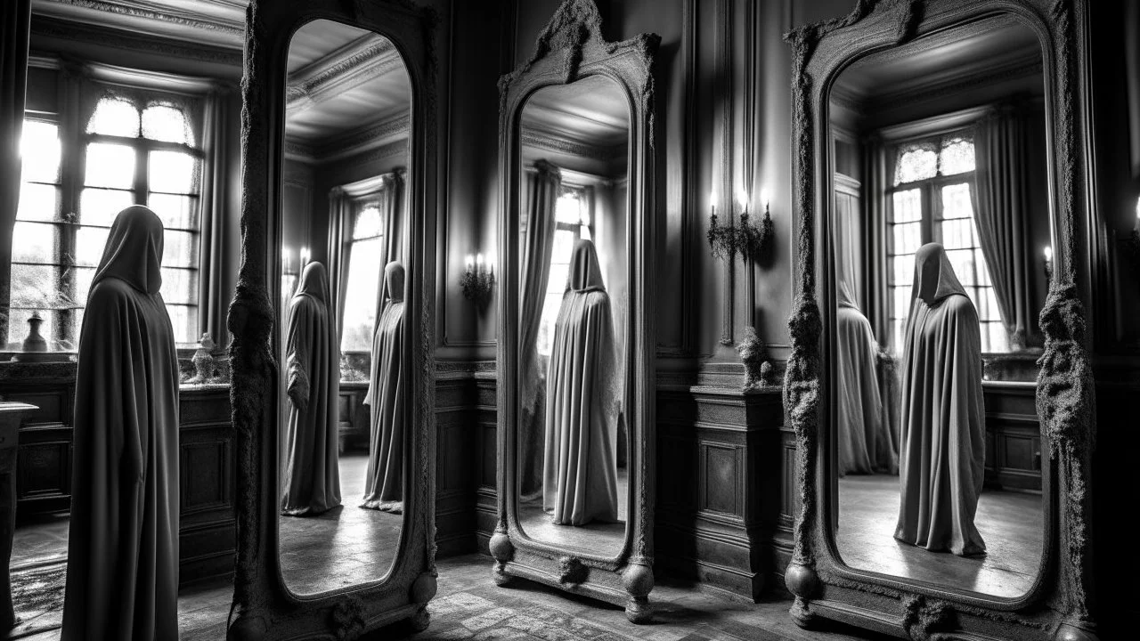 Mirrors reflect ghostly figures in the mansion of the damned