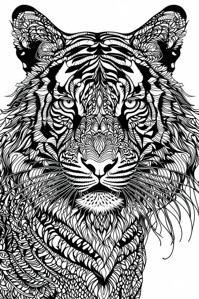 tiger face tattoo, coloring page, clean line art, adults drawing book, Black and white only, crisp black lines, sharp lines, coloring page for adults, black and white picture, lots of details,