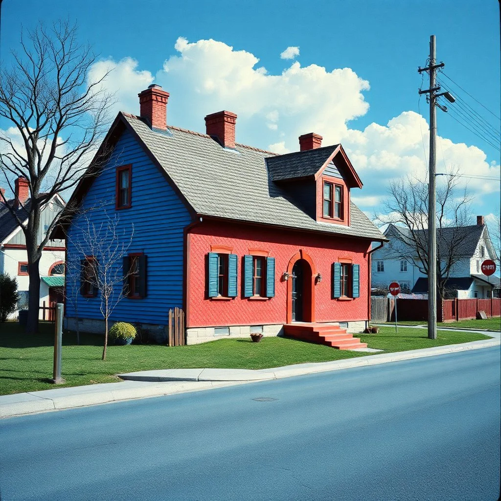 Fotografia di strada assurda e falsa obnoxious blu weirdcore dai colori vivaci. Fantasy land. Escher. Non luogo falso, inusuale. Max Ernst. Le case sono false e dipinte di nero chiaro con cose stilizzate e dettagli. Ci sono finestrelle false quadrate, che danno un senso distopico e molto surreale, disposte in modo casuale. L'atmosfera generale sembra noiosa e onirica, con un contrasto tra elementi reali ed elementi dipinti falsi, René Magritte, oddest things