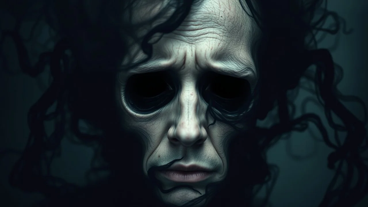 A surreal, painful and symbolic portrait of a human being slowly consumed by living darkness. Pale human skin, hollow face with empty black eyes, expression of painful realization. The darkness is not just shadow but a living entity emerging from the mind itself, abstract shapes and impossible forms rising like smoke from the depths of the subconscious. The shadows crawl across the face and body, devouring identity.