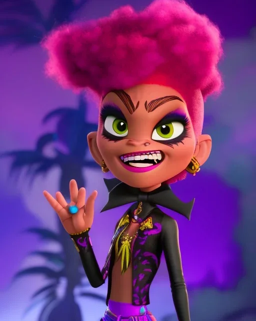 Character from Monster High, male, cannibal, body color is dark, eye color is yellow, sportswear, illustration, cartoon style