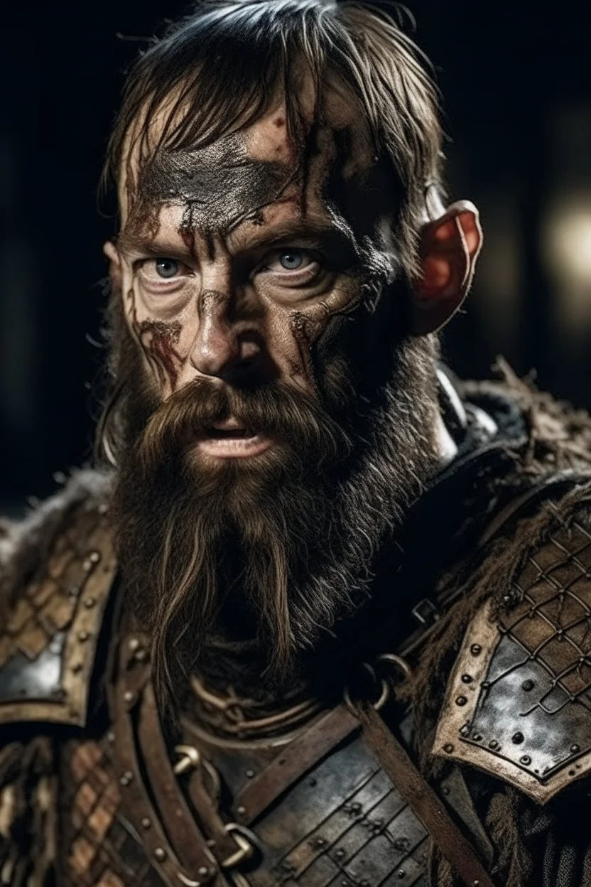 a zombie with a beard and scars, in medieval armour
