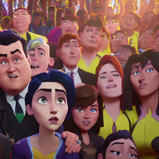 Create a Pixar-style 3D movie poster with Gustavo Petro, president of Colombia happy and surrounded by women, men and Colombian flags, with the title: "The President", ultra quality, hyper-detailed, maximalist, 8k