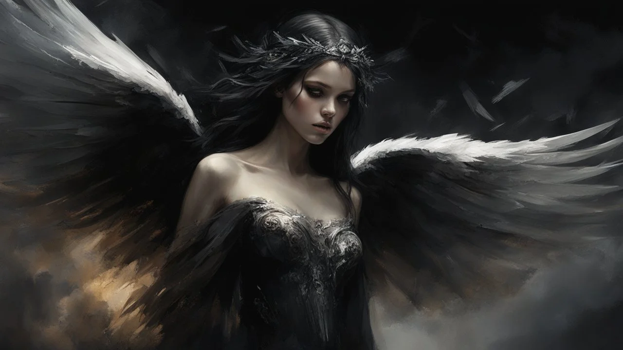 Dark and ethereal, the angel's black wings spread. Each wing carried with it an ancient story, a deep secret that hid in the shadows. cinematic detailed mysterious sharp focus high contrast dramatic volumetric lighting, :: mysterious and dark esoteric atmosphere :: digital matte painting by Jeremy Mann + Carne Griffiths + Leonid Afremov,, dramatic shading, detailed face