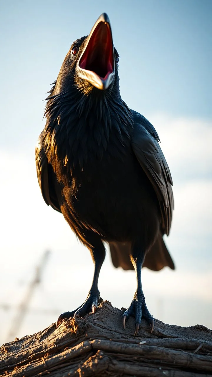 a crow close his mouth a warm realistic , pro photography , high quality, and cinematic scene