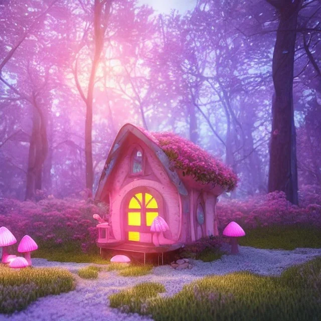 a cute pink and blue fairy house in the forest, spring time, mushrooms, 8k, flickering light, centered, high-quality, fine-detail, digital art, detailed matte, volumetric lighting, illustration, 3D octane render