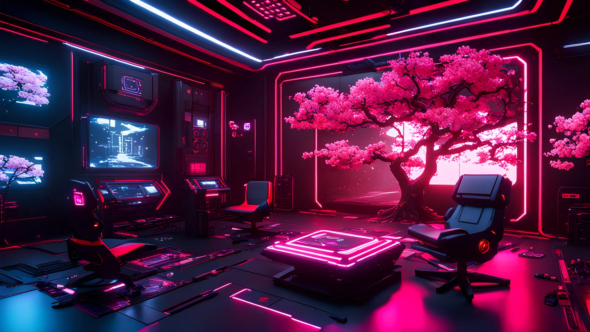 Cyberpunk VR room. Detailed. Rendered in