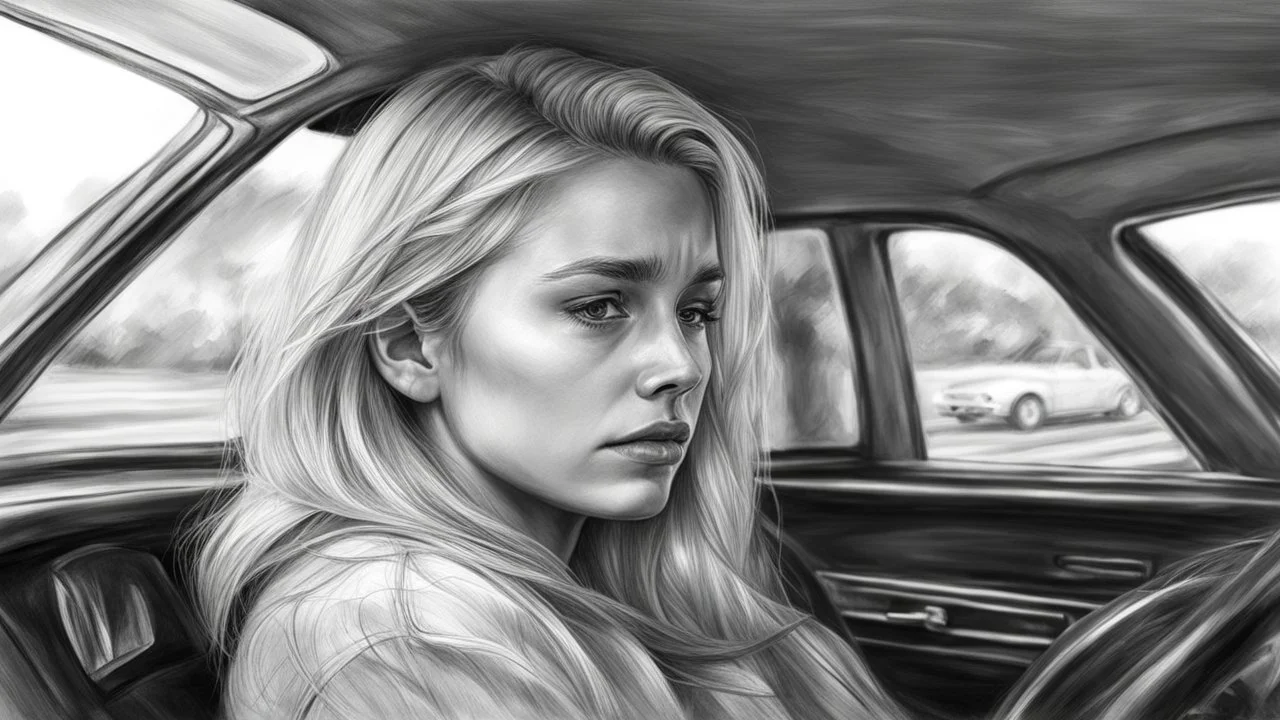 Black and white pencil sketch of a sad blonde driving a car, tears, photorealism, 3d, 64k, high resolution, hyperrealism, f/16, 1/300s.