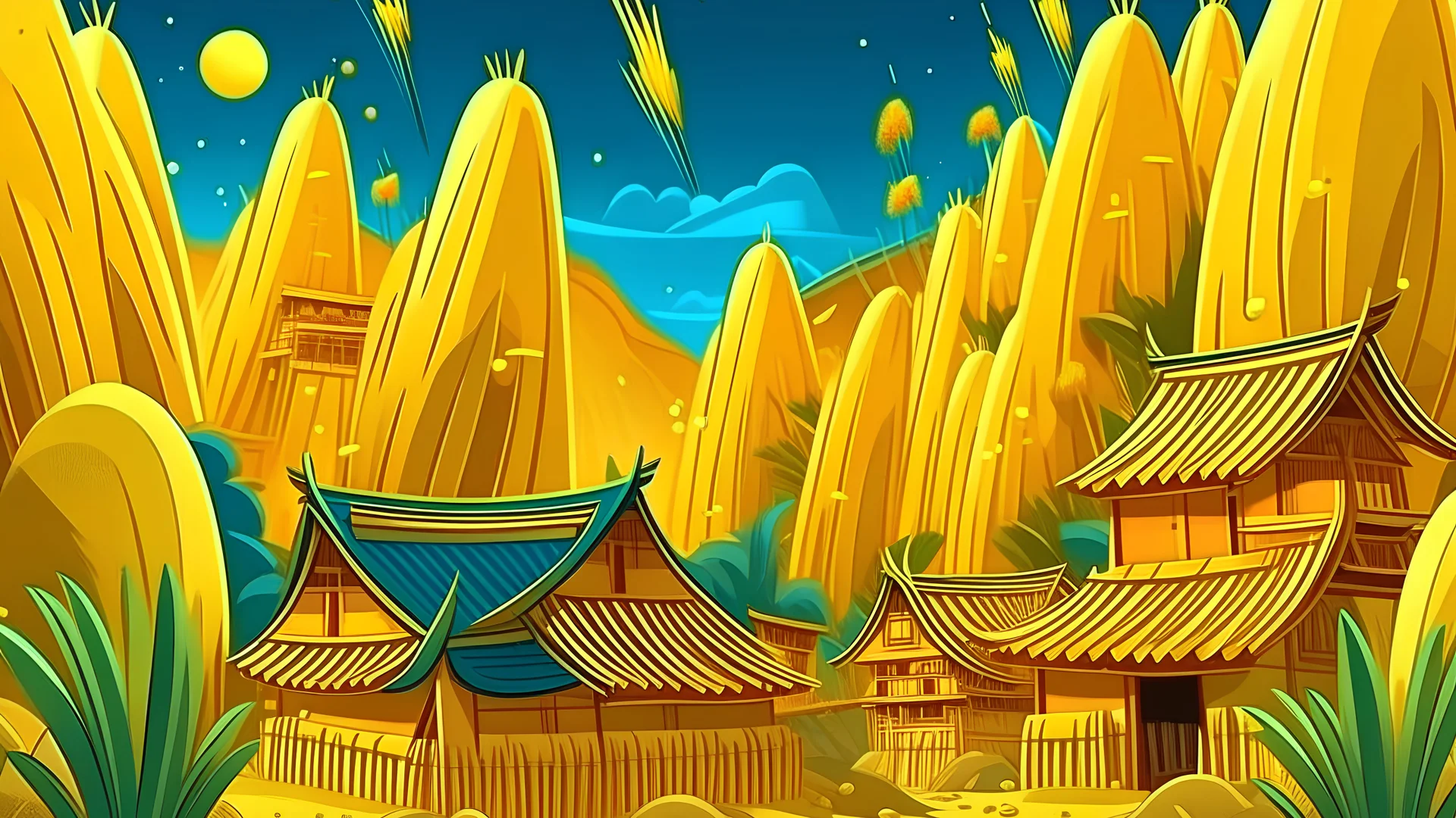 fantasy cartoon style illustration: golden bamboo firecrackers make loud noises in a very small Chinese mountain village