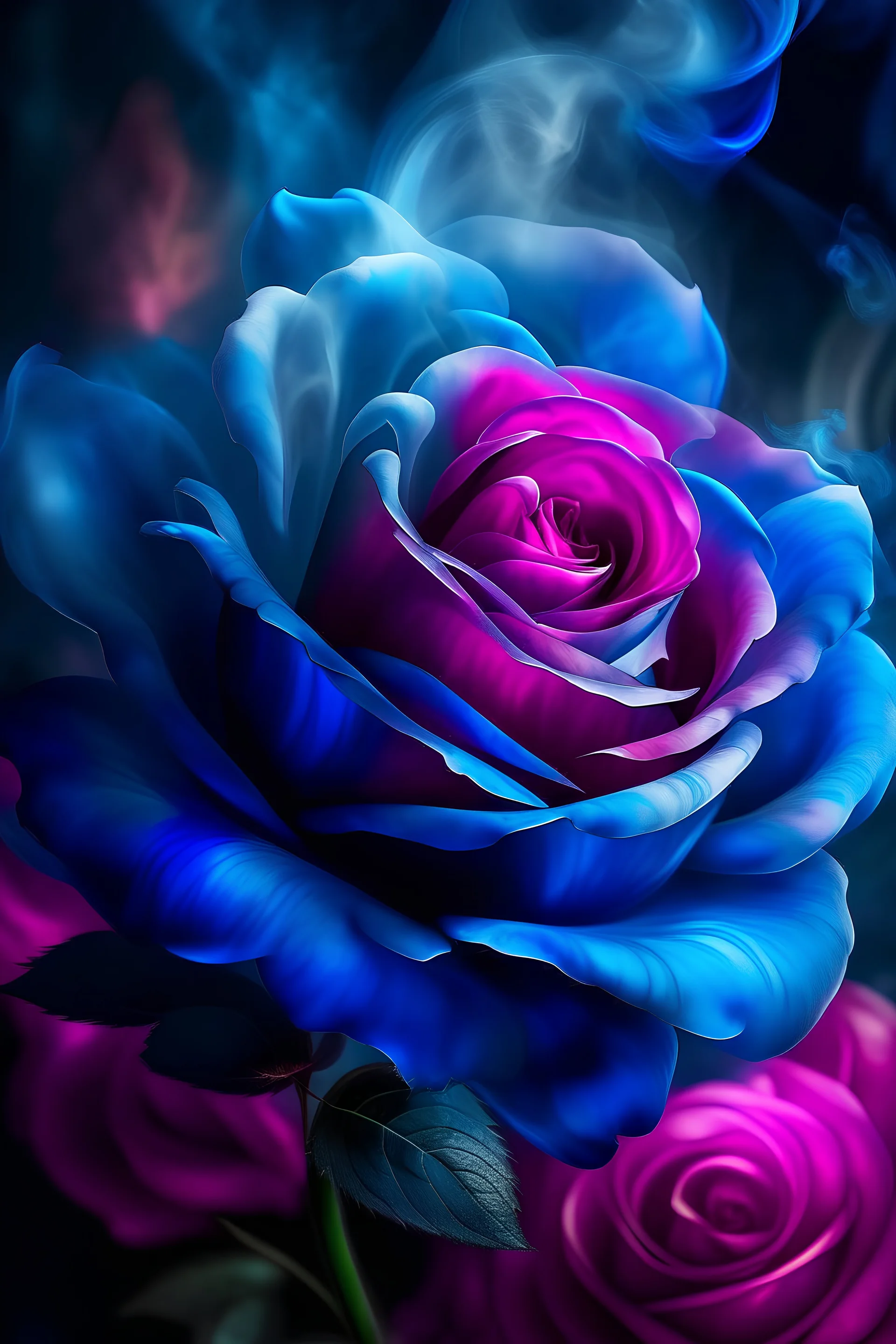 a close up of a rose with smoke coming out of it, an airbrush painting by Shirley Teed, trending on cg society, romanticism, rendering a blue rose, blue rose, magical flowers, abstract smokey roses, roses made of colorful smoke, blue and pink colors, translucent roses ornate, glowing delicate flower, magical colorful flowers, rosses, with beautiful colors