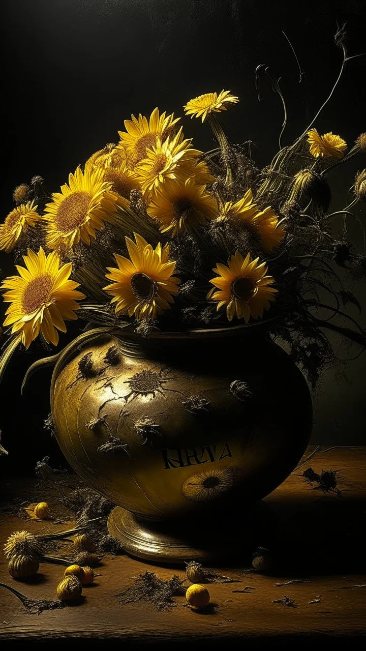 Bosch nightmares paining style Title:a yellow vase with dry dark color flowers 8k artistic photography, photorealistic concept art, soft natural volumetric cinematic perfect light, chiaroscuro, award-winning photograph, masterpiece, oil on canvas, Raphael, Caravaggio, Greg Rutkowski, people, beksinski, Giger