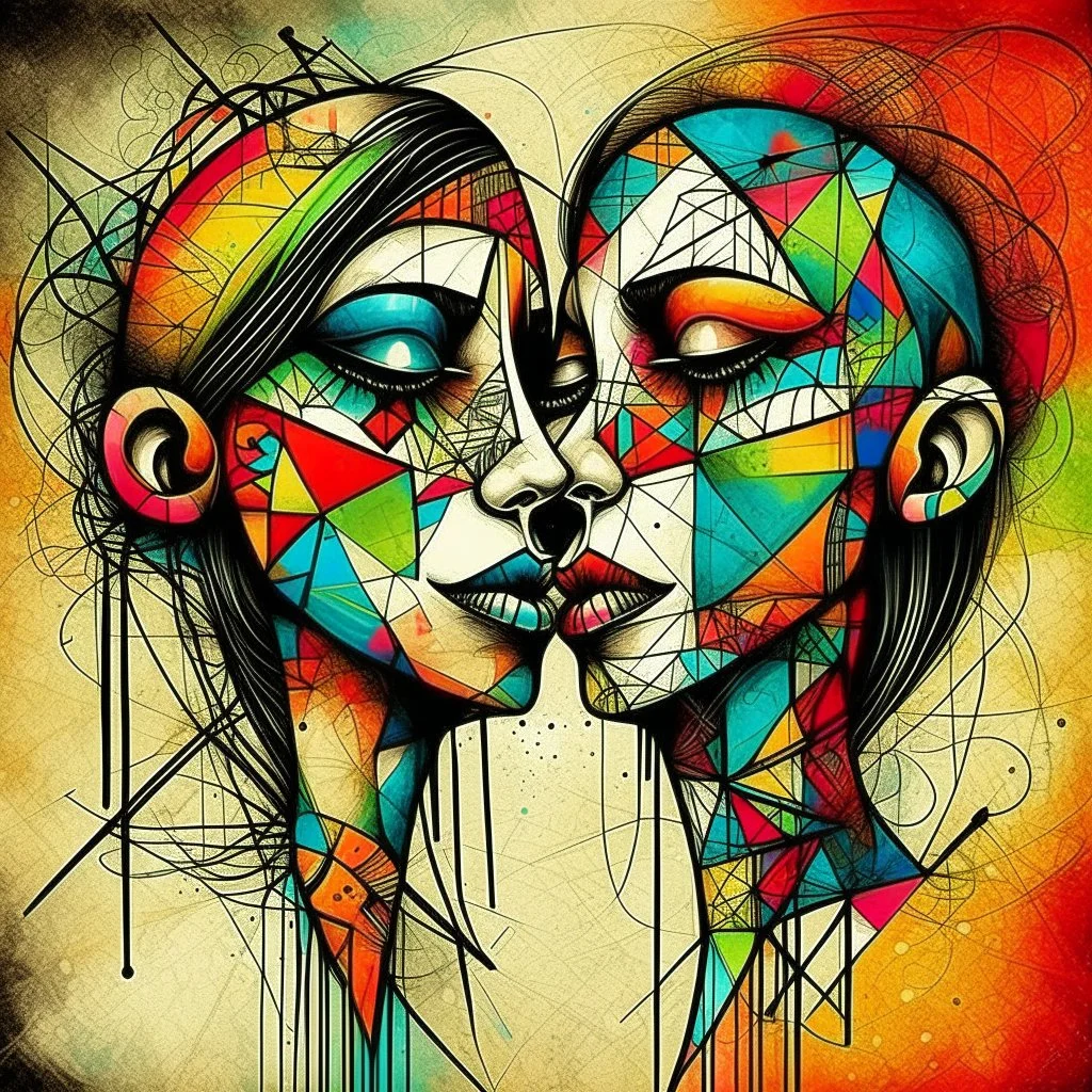 Whimsical kissing: This strange asymmetric abnormal kissable beautylady has a head that looks like a triangle, a square and a circle sewn together with cords. Colorful abstract art, mixed media. Disturbing, turpistic, dark. Scratches. Kissing background.