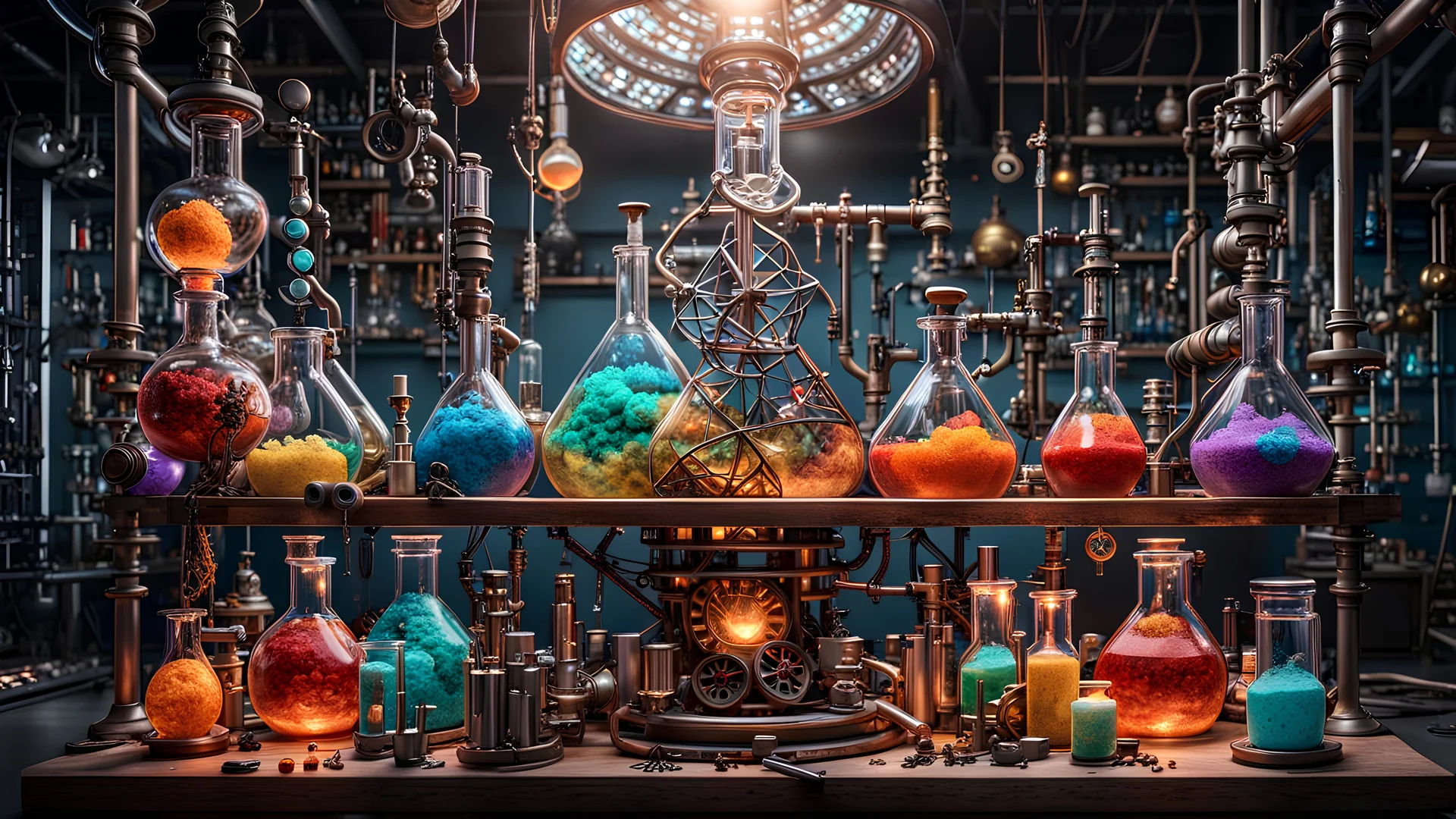 3D rendering of expressively detailed and intricate of a hyperrealistic chemistry laboratory experiment: front view, colorful paint, tribalism, steampunk, shamanism, cosmic fractals, dystopian, octane render, volumetric lighting, 8k post-production, detailed metallic objects, dendritic, artstation: award-winning: professional portrait: atmospheric: commanding: fantastical: clarity: 16k: ultra quality: striking: brilliance: stunning colors: amazing, beautiful, stunning composition