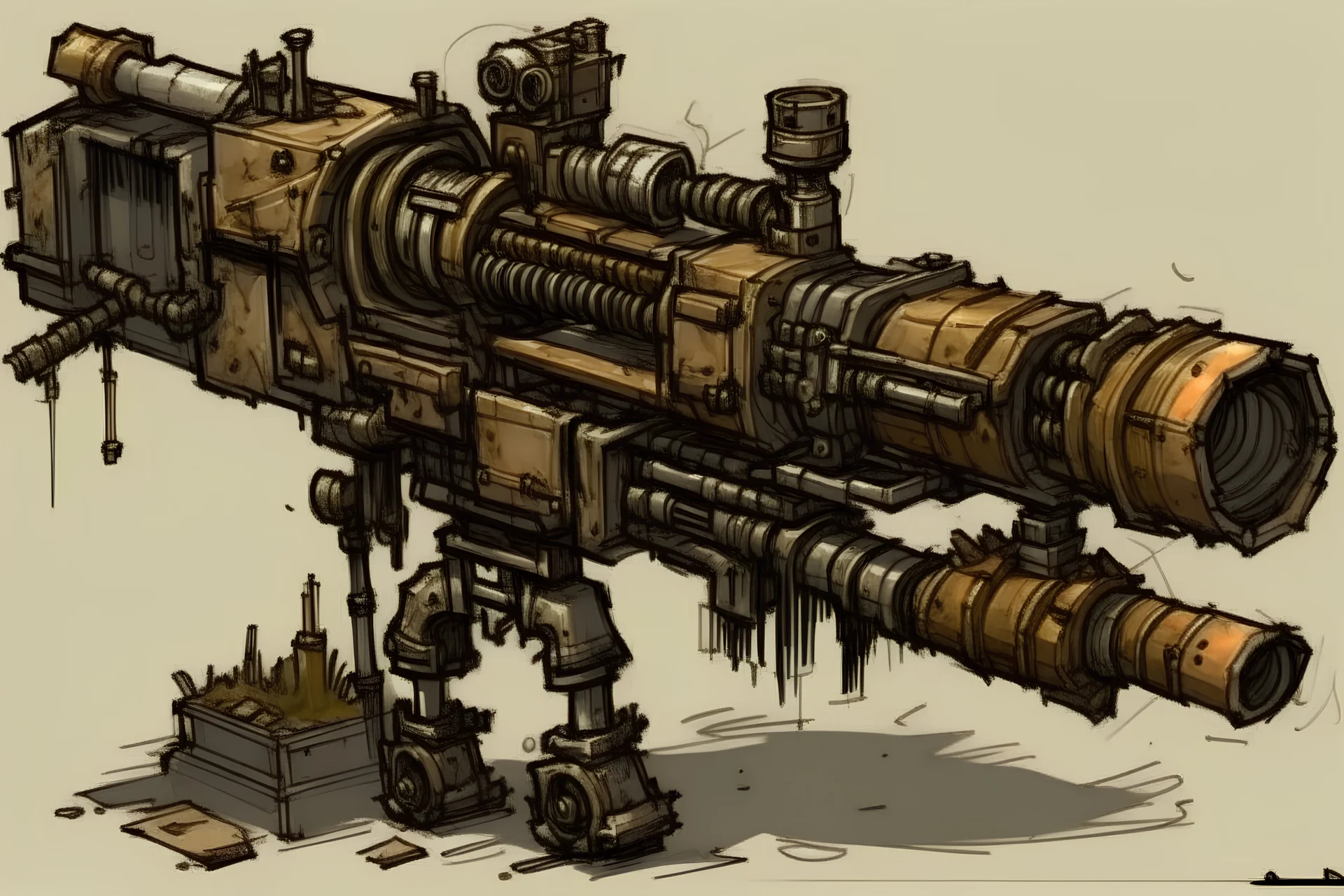 minigun, post-apocalyptic, concept art, comic drawing style