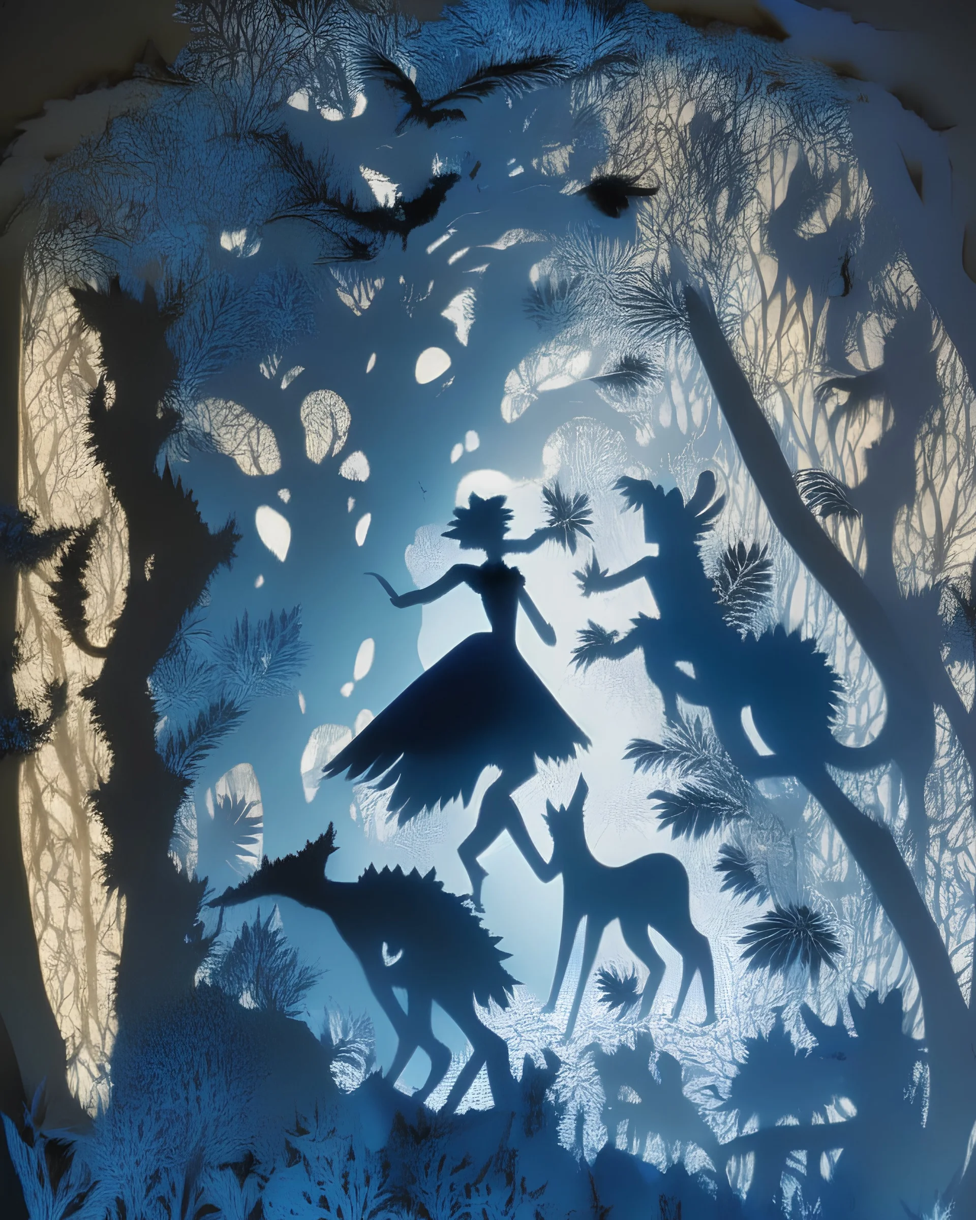 A vivid and enchanting depiction of mythical creatures frolicking in an otherworldly forest, in the style of paper-cut shadow art, intricate silhouettes, layered compositions, and delicate lighting, 22K resolution, inspired by the works of Kara Walker and Hans Christian Andersen, inviting viewers into a magical world of folklore and wonder.