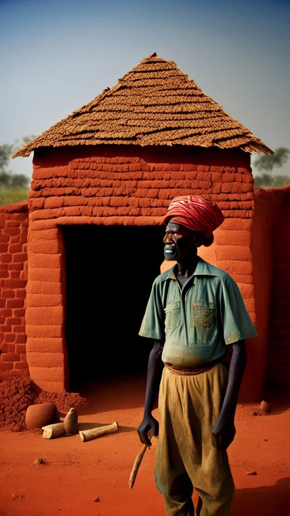 Sudanese man farming, brick house on farm