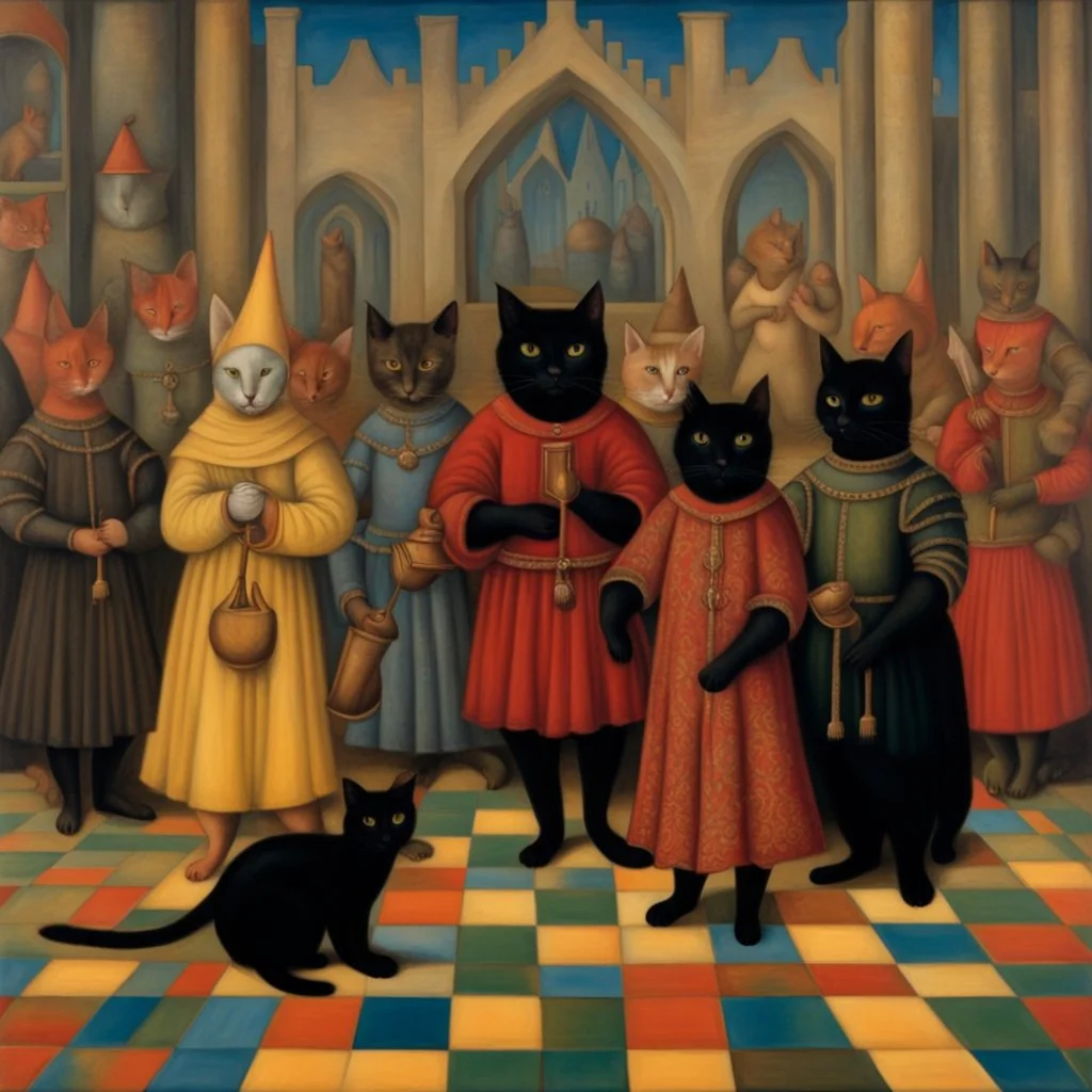 black Cats in colorful costume performing on stage in a medieval opera, Hans Memling style, stylize 750, by yerka, by varo, encaustic