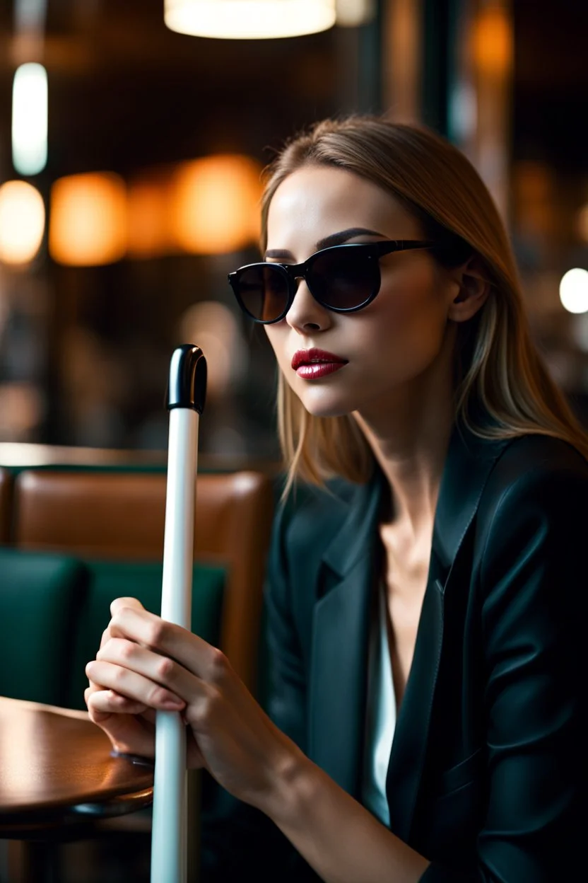 image of a pretty blind young woman sitting in a coffeeshop holding a white cane and wearing dark glasses. 4k. Photorealistic