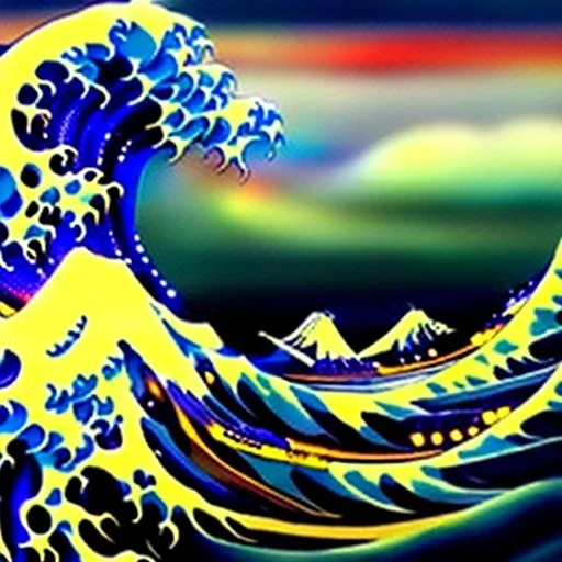 The great wave of kanagawa painted with clouds of colours,ystical colors ,perfectly centered image, perfect composition, rim light, beautiful lighting,masterpiece ,8k, stunning scene, raytracing, anatomically correct, in the style of Simon Bisley and Ohrai Noriyoshi and robert e howard and Steve Jung and Wizyakuza and uncannyknack