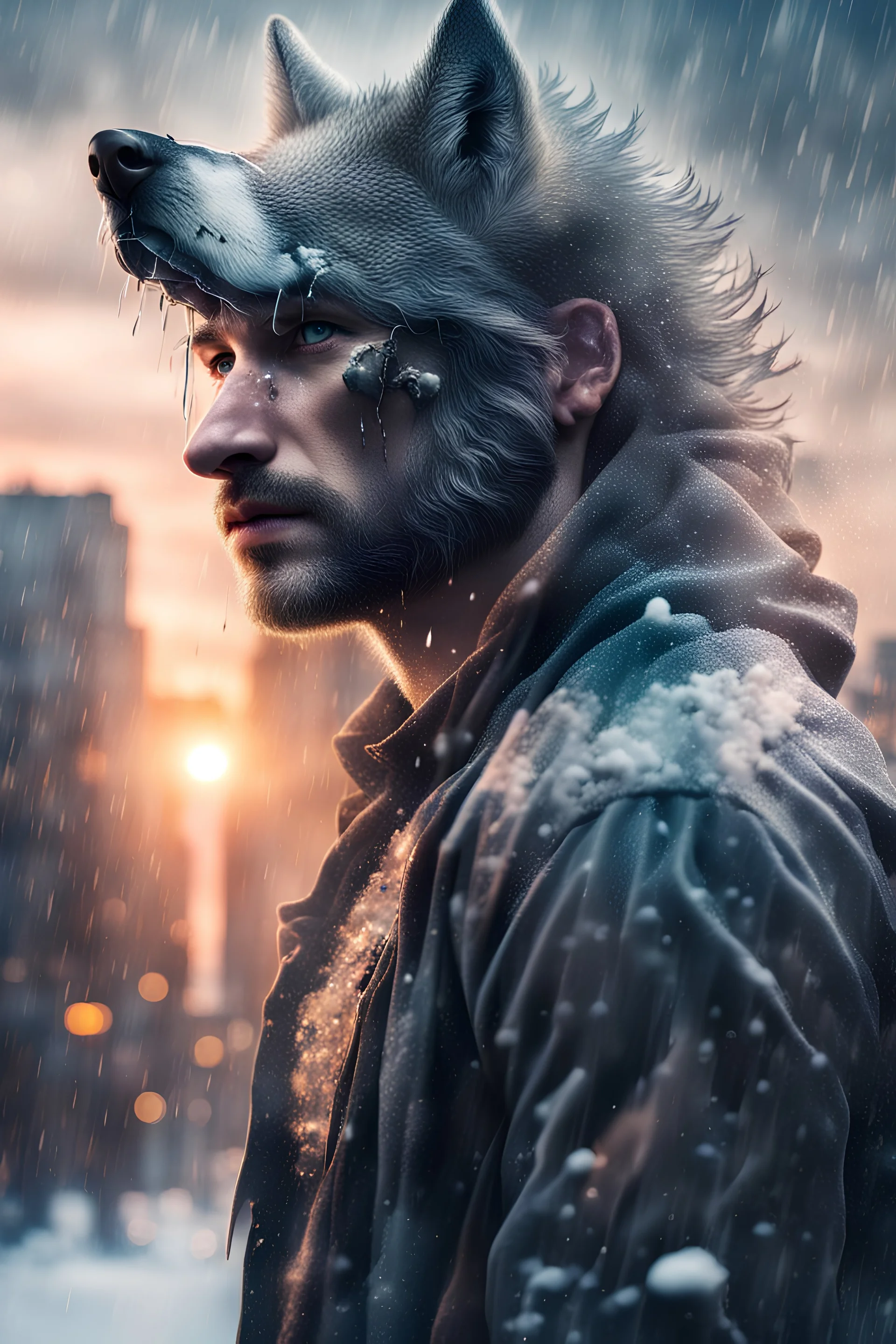 double exposure, Wolf Man, man, city, sunset, snow, rain, wind, fantasy, mystical, tattoo, vertical pupils, high detail, high resolution, 8K