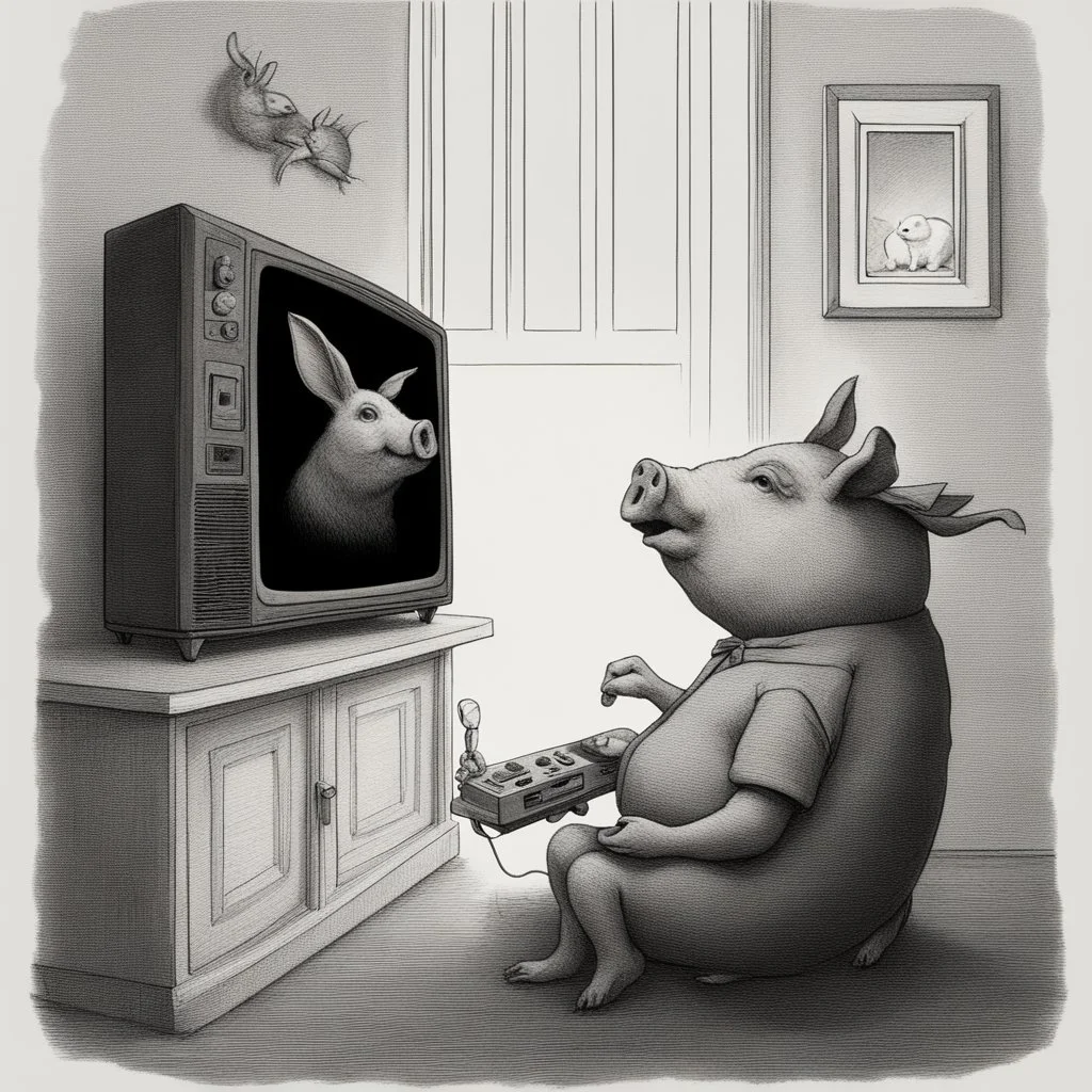 pig watching a tv about video game persona with a rabbit playing music beksinski style