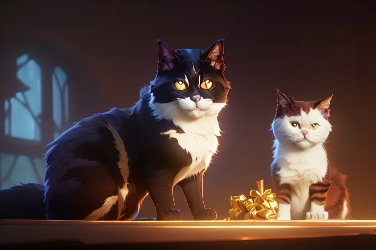  cats near Christmas tree, high-quality, fine-detail, intricate, digital art, detailed matte, volumetric lighting, dynamic lighting, 3D octane render, Marc Adamus, Ann Prochilo, Romain Veillon,