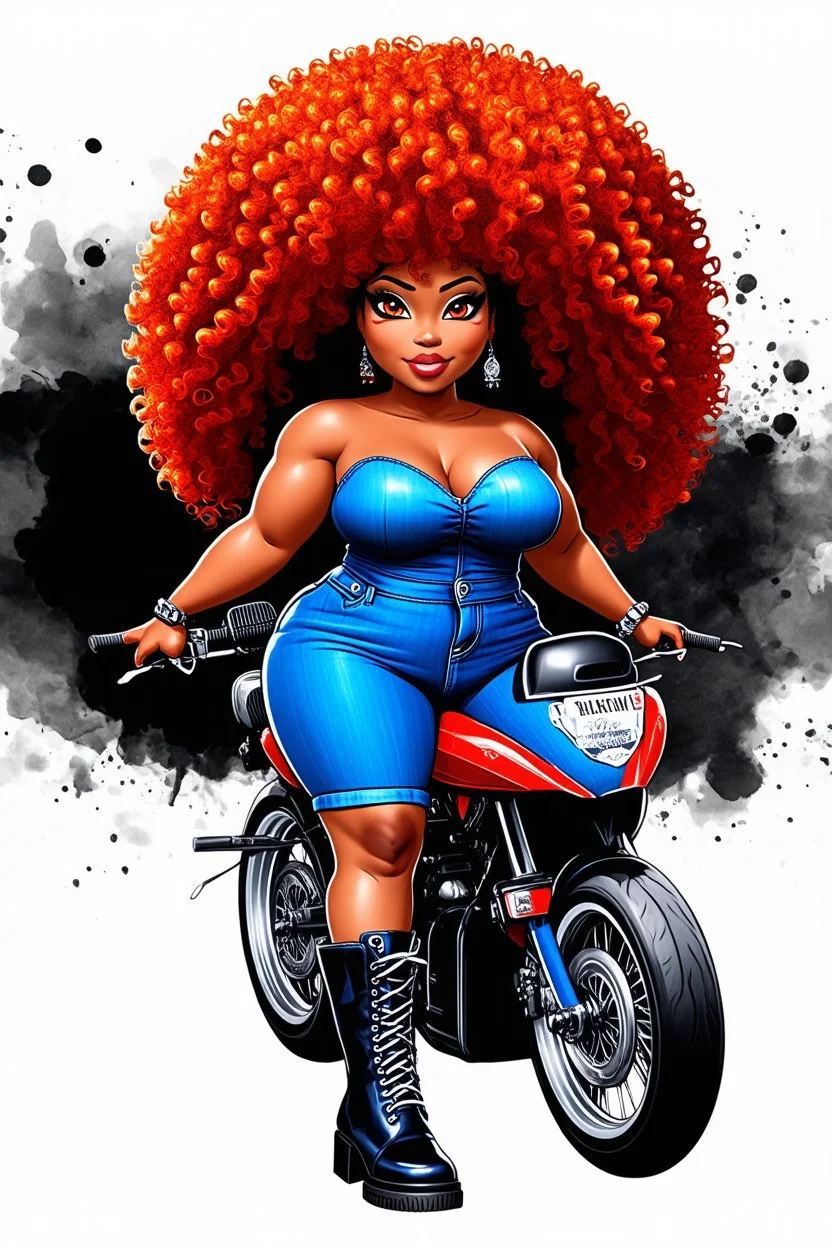 abstract art illustration of the chibi cartoon character, a voluptuous black female in a blue jean outfit with biker boots. Her prominent makeup and hazel eyes, along with her detailed red curly tight afro, are featured in this image, set against the background of a lively bike show. ink wash