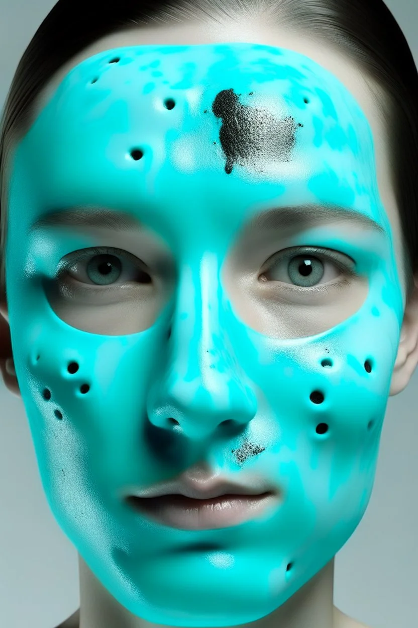 White rubber female face with rubber effect in all face with black freckles and cyan sponge rubber effect