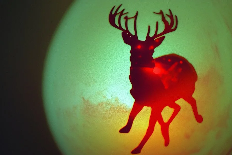 a globe made of glowing orange-red salt material covered in gold lace, about 60% of which is visible, with a glowing light inside, double exposure, in the foreground a black silhouette of a deer jumping dynamically, in the background a landscape with a beautiful forest and a waterfall in the sunlight