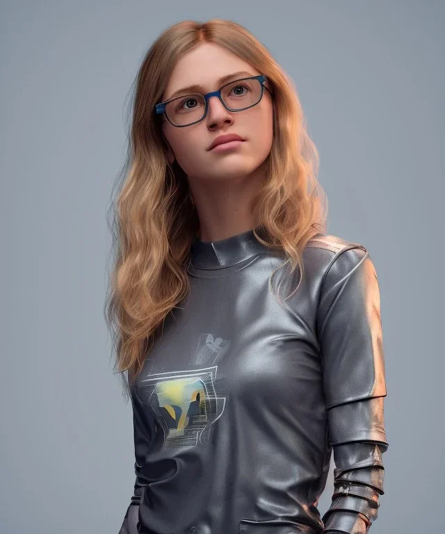 a young woman, BLONDE hair, green eyes, glasses, deep colors, cyberpunk, great pose, Realistic photography, incredibly detailed, ultra-high resolution, 8k, complex 3d render, cinema 4d, anatomically correct