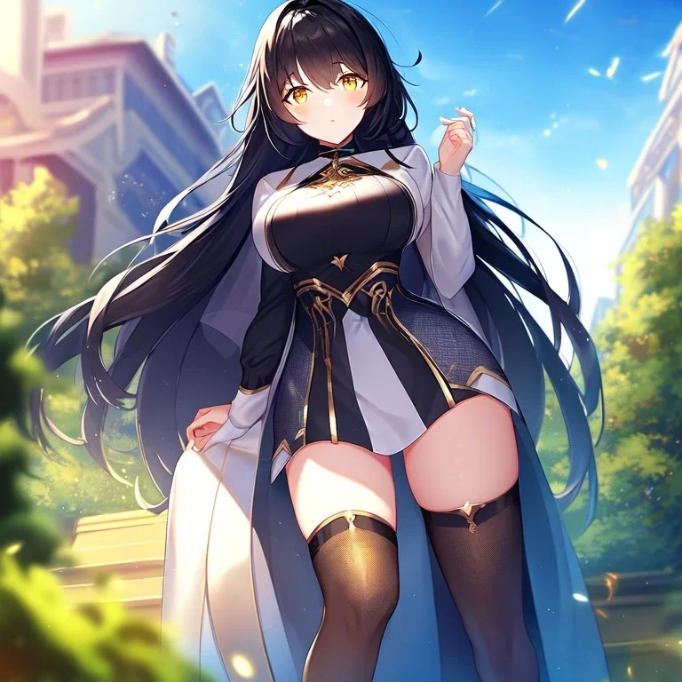 girl, masterpiece, best quality, volumetric lighting, detailed outfit, perfect eyes, black hair, golden eyes, long hair, thigh highs, outdoors,