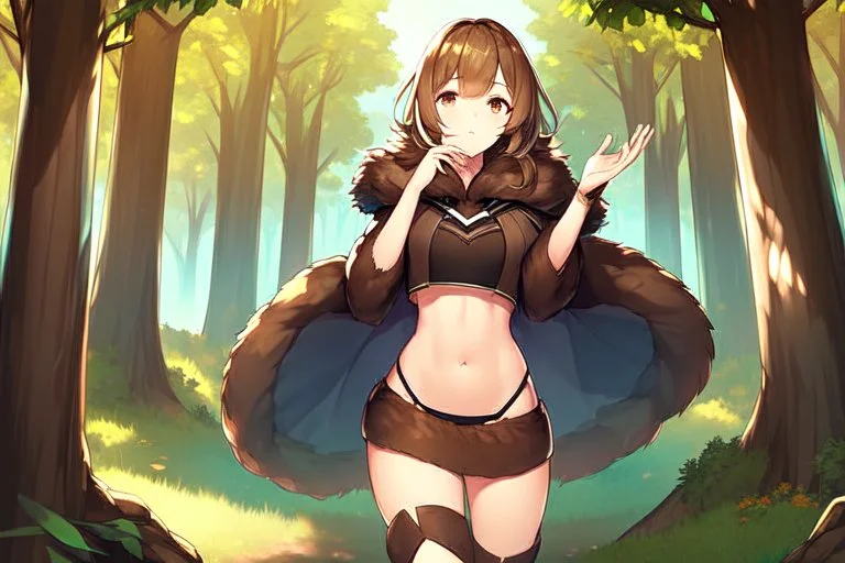 Girl, brown fur on hand, forest, open navel, fur on navel