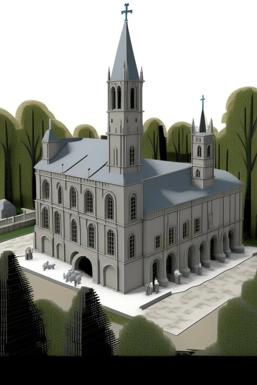 A gray monastery made out if steel painted by Georges Seurat