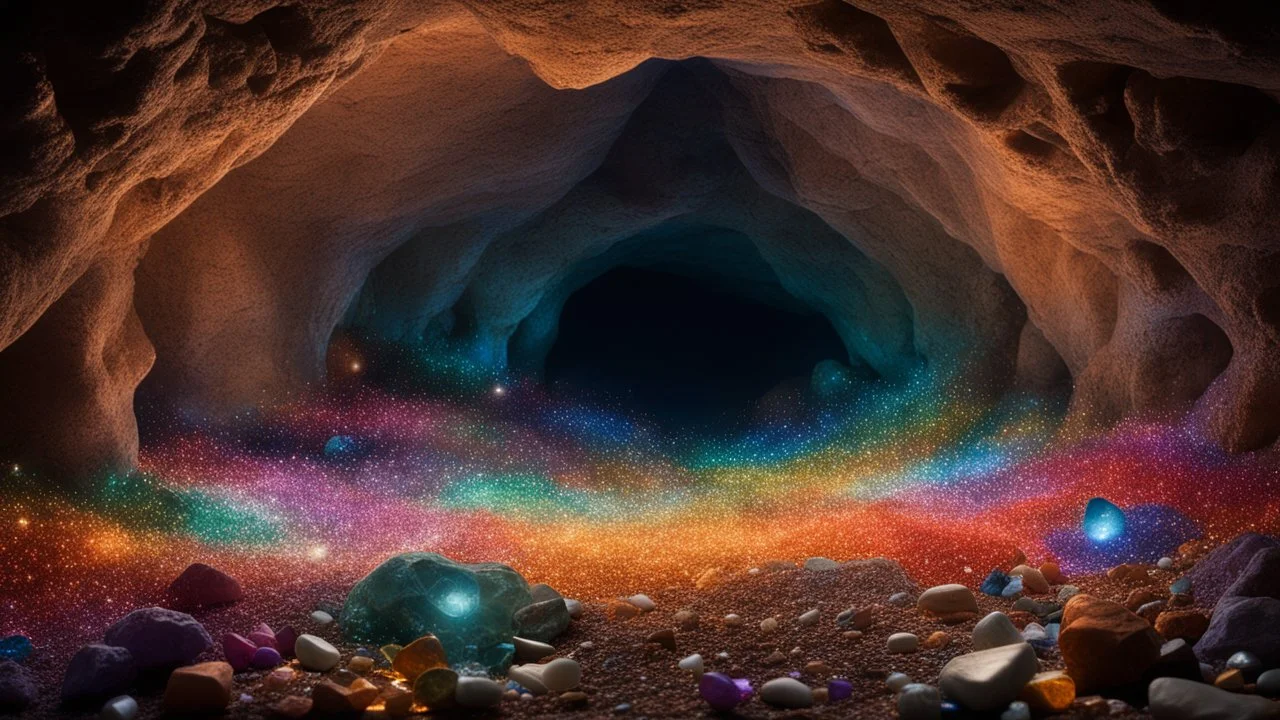 dream world, vast enormous warm underground cave, thousands of tiny multicoloured gemstones, twinkling lights, calm beauty, fantasy world, magic, night, darkness, splendor, uplifting, inspiring, therapeutic, chiaroscuro, color, award-winning colour photograph, beautiful composition, Nikon 85mm