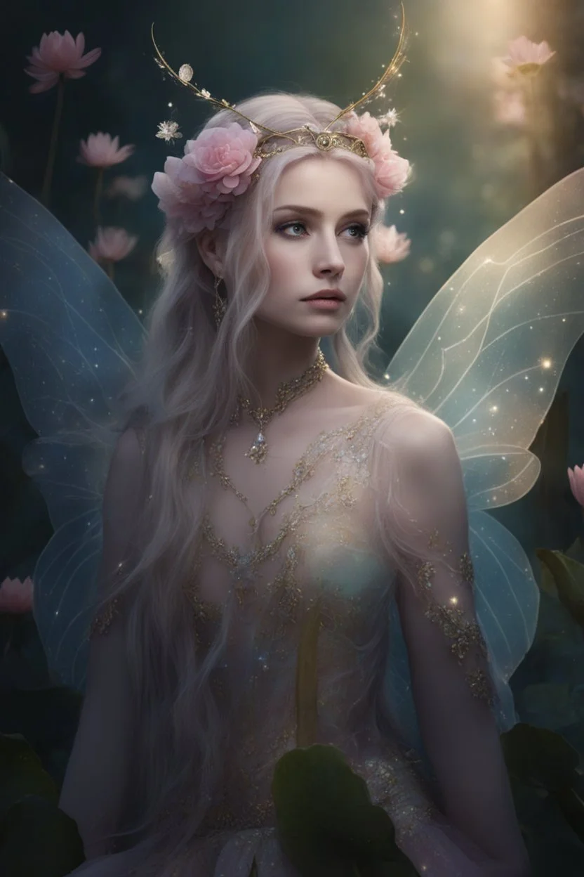 Pink dress,Sparkling fairy wings,Very long golden hair,Fairy crown,pointed ears,elven ears,fairy wings,water lilies,sparkling,glittering,flowers,blossoms,golden crown,light pink dress