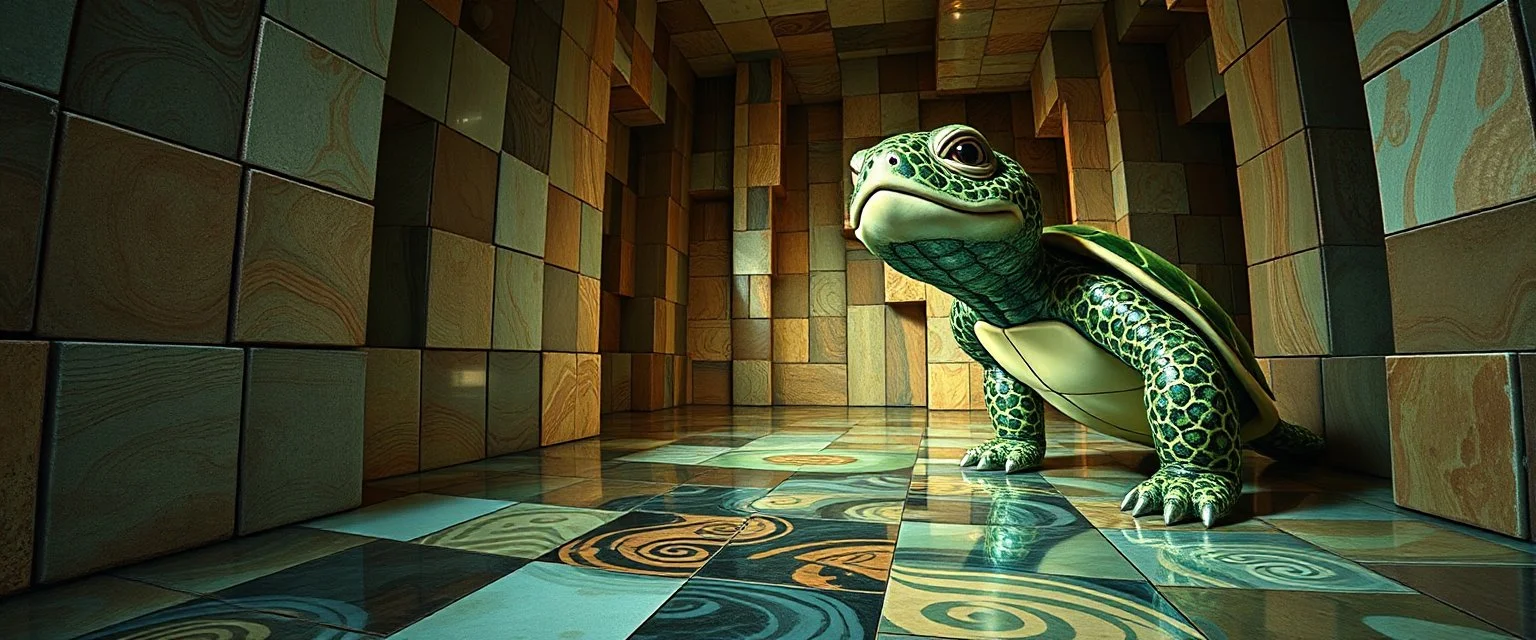 pin hole cam , master oil painting by Rembrandt, reflective marble madness opera turtle character portrait, a living bowling marble halls with slightly tilted floor in a twisted block maze, scenery from the game "marble madness", crystal birds, the floor betrays, the walls collide