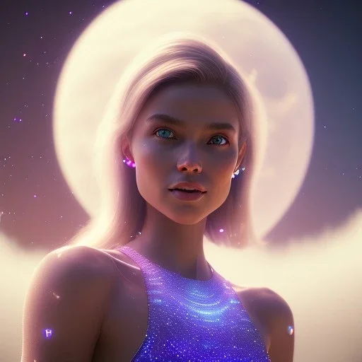 A portrait of a crystalised girl,smiling, longs blond hairs, galactic dress, atmospheric, realistic, cinematic lighting, octane render, purple and blue sky, nebula, stars, planets