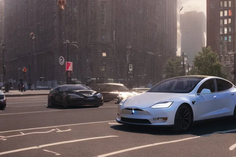 A Tesla 'Model Y' is drifting at high speeds, near the Flatiron Building in Manhattan. (CINEMATIC, WIDE ANGLE LENS, PHOTO REAL)